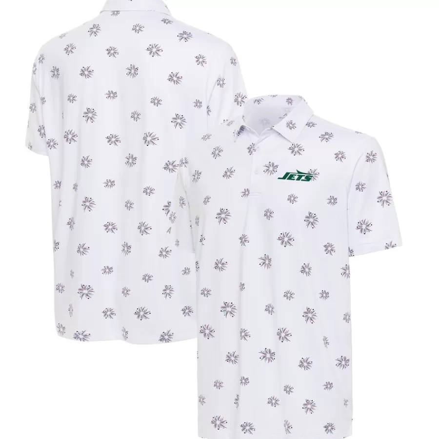 New York Jets Polos^Men's Antigua White Fireworks Polo