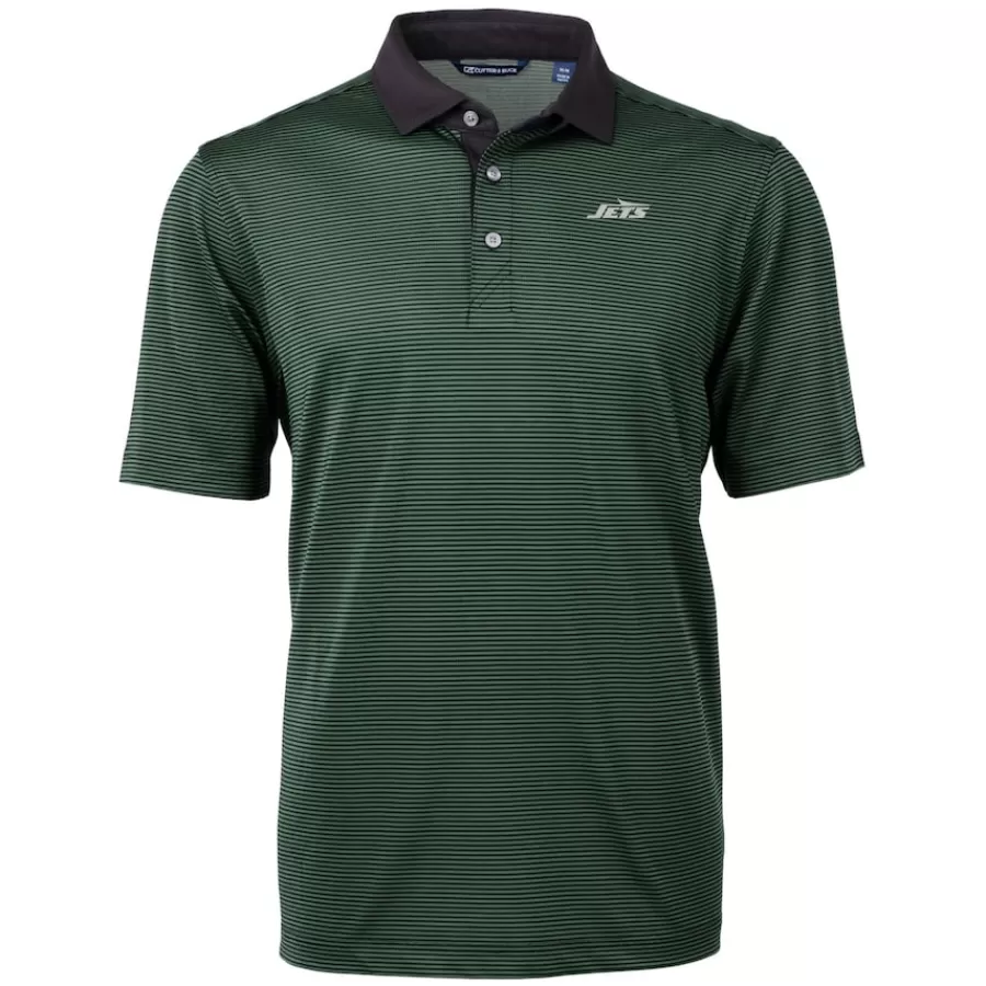 New York Jets Polos^Men's Cutter & Buck Hunter Green Primary Logo Virtue Eco Pique Micro Stripe Recycled Polo