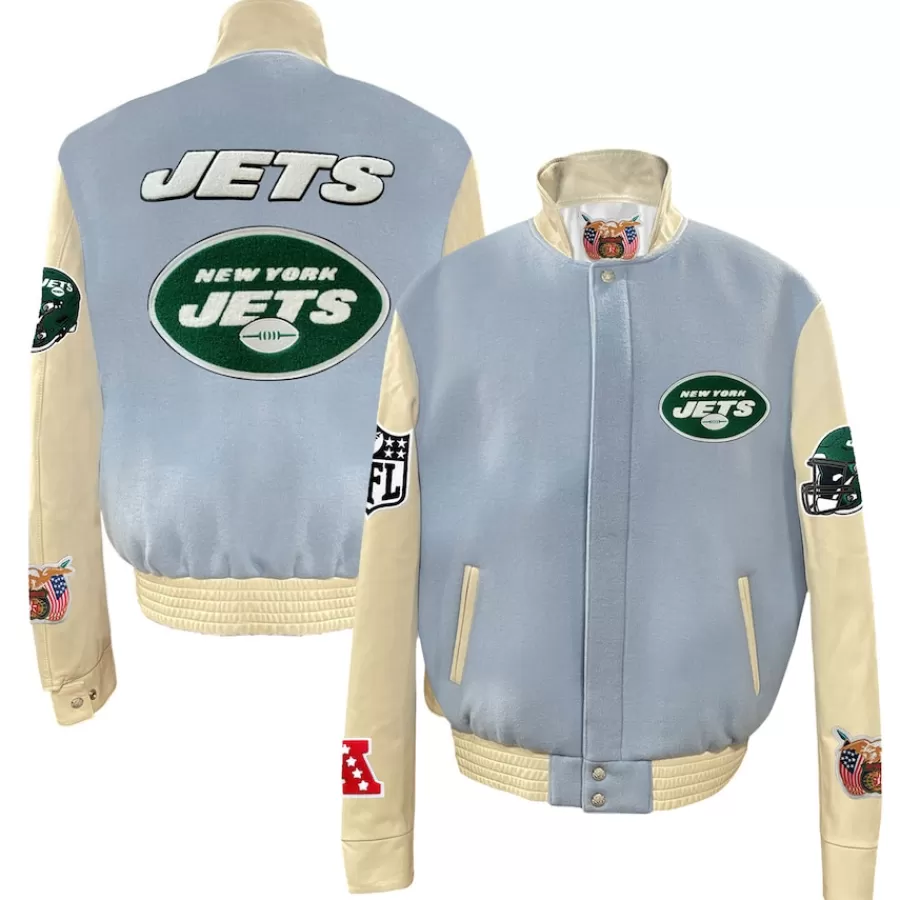 New York Jets Jackets^Men's Jeff Hamilton Light Blue Wool & Leather Full-Snap Varsity Jacket