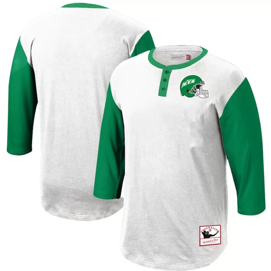 New York Jets Long Sleeved^Men's Mitchell & Ness White Legacy Slub Henley 3/4 Sleeve T-Shirt