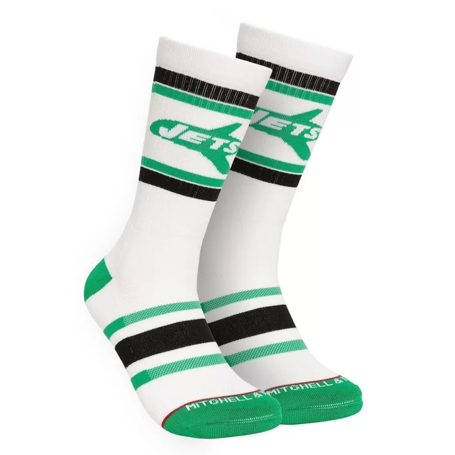 New York Jets Shoes & Socks^Men's Mitchell & Ness White Throwback Team Stripes Crew Socks
