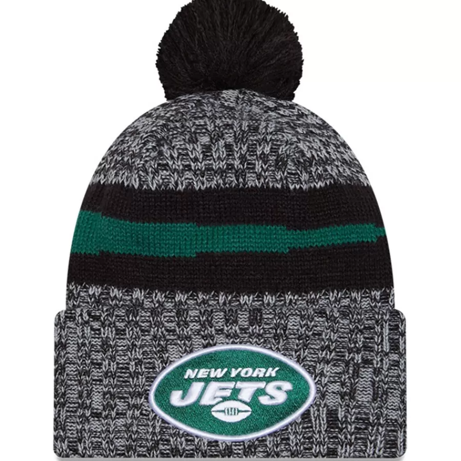 New York Jets Knit^Men's New Era Black 2023 Sideline Cuffed Knit Hat With Pom