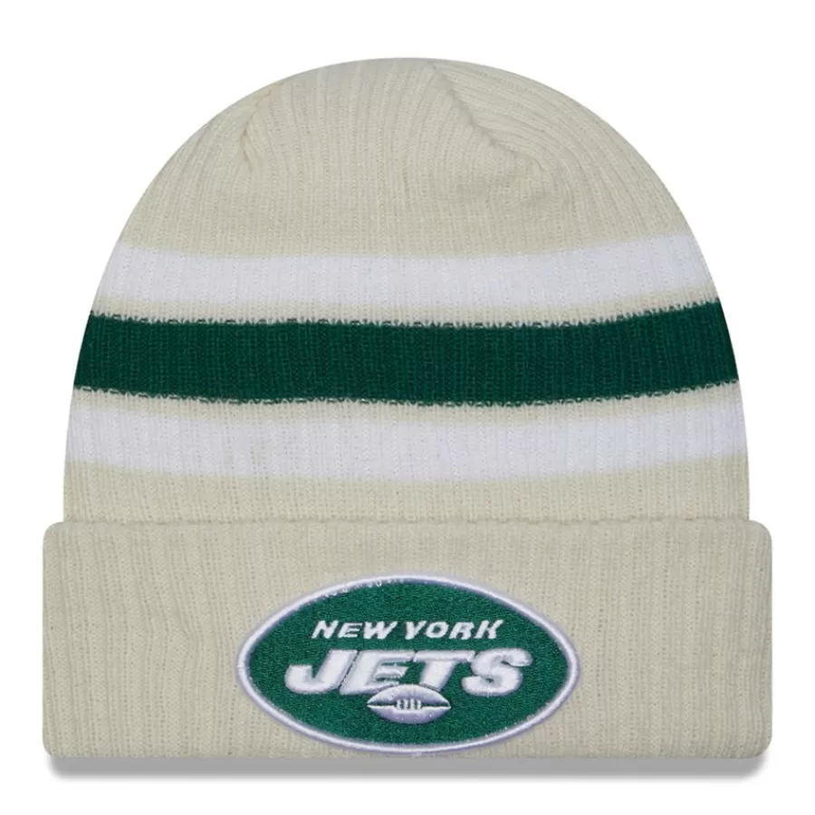New York Jets Knit^Men's New Era Cream Team Stripe Cuffed Knit Hat