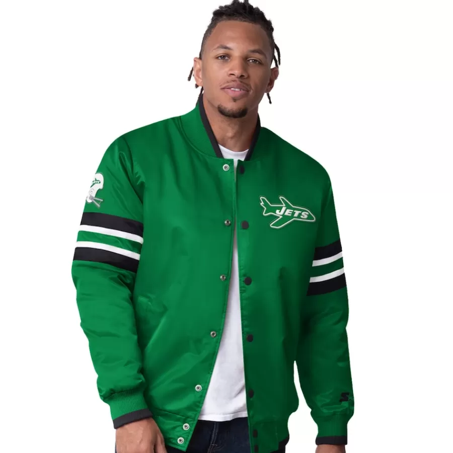 New York Jets Jackets^Men's Starter Green Vintage Logo Scout I Full-Snap Varsity Jacket