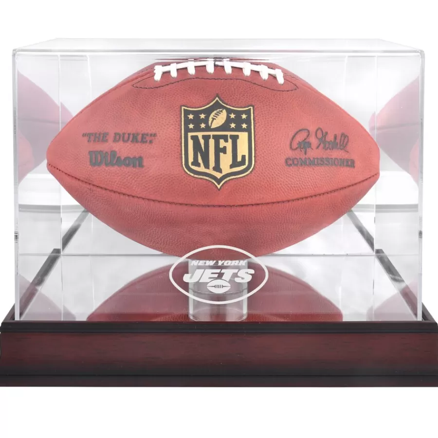 New York Jets Display Cases^ Mahogany Football Logo Display Case With Mirror Back