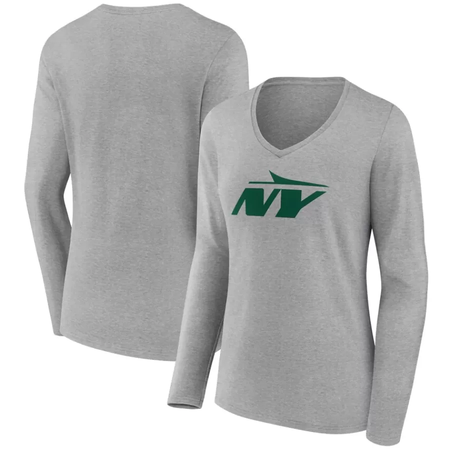 New York Jets Long Sleeved^Women's Gray Secondary Logo Long Sleeve V-Neck T-Shirt